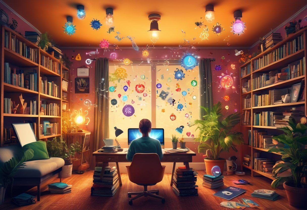 A vibrant scene of a person engaging with multiple digital devices, surrounded by an explosion of colorful knowledge symbols like books, light bulbs, and gears. The background features a cozy study space bathed in warm light, filled with plants and motivational quotes. The person is jotting down ideas with excitement and focus. super-realistic. vibrant colors. cozy atmosphere.