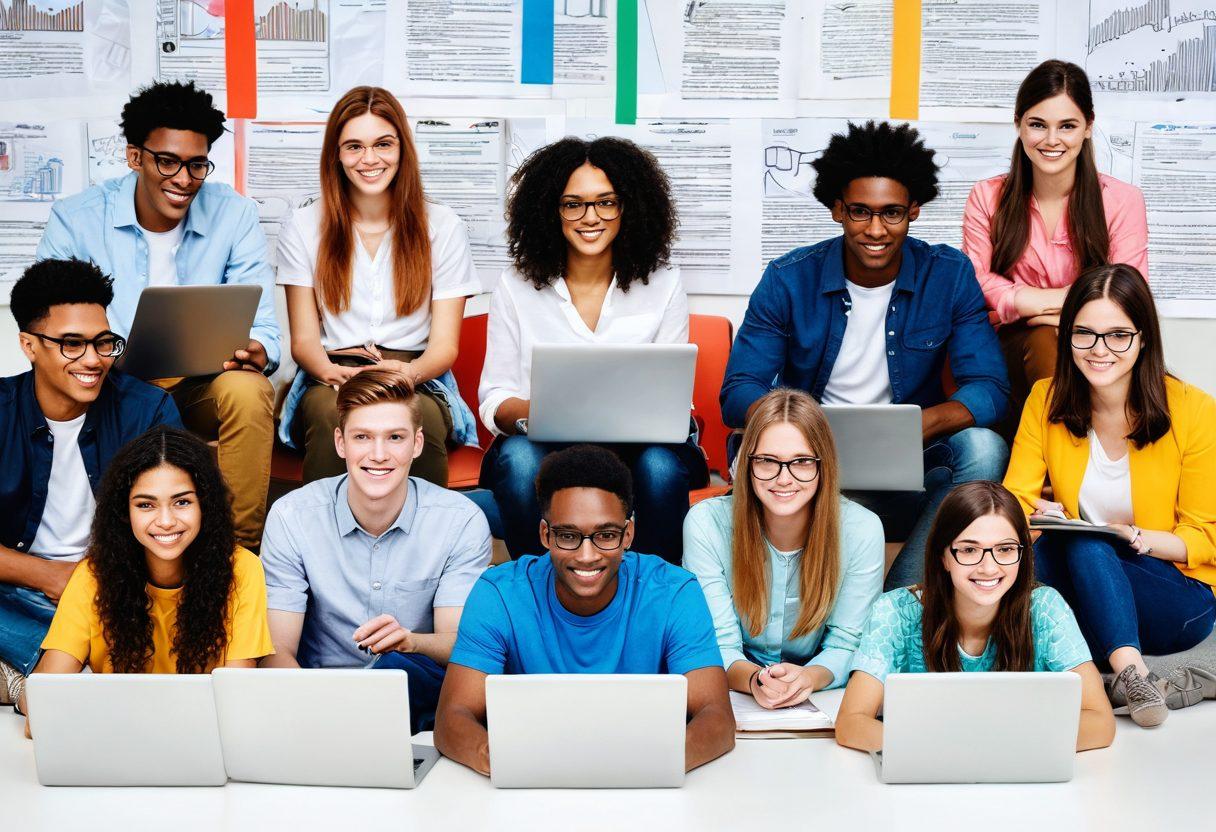 A collage of a diverse group of university students engaged in various blogging activities, such as writing, researching on laptops, video blogging, and brainstorming, set against a modern, technology-inspired backdrop. The scene should convey a sense of collaboration, creativity, and digital empowerment. Bright, energetic colors to symbolize enthusiasm for learning and success. super-realistic. vibrant colors. white background.