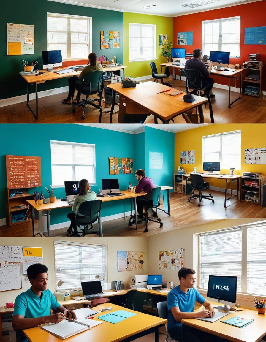A split scene illustrating a traditional classroom on one side with students taking notes, and on the other side, a vibrant home office filled with modern technology and a student joyfully creating content for a blog. Incorporate elements like textbooks, laptops, and creative brainstorming notes scattered around. The transition between the two worlds should be seamless and inspiring. super-realistic. vibrant colors. 3D.